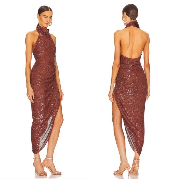 ITMFL Marissa Sequin‎ Halter Neck Ruched Midi Dress Brown Party Cocktail Sz L - Picture 1 of 6